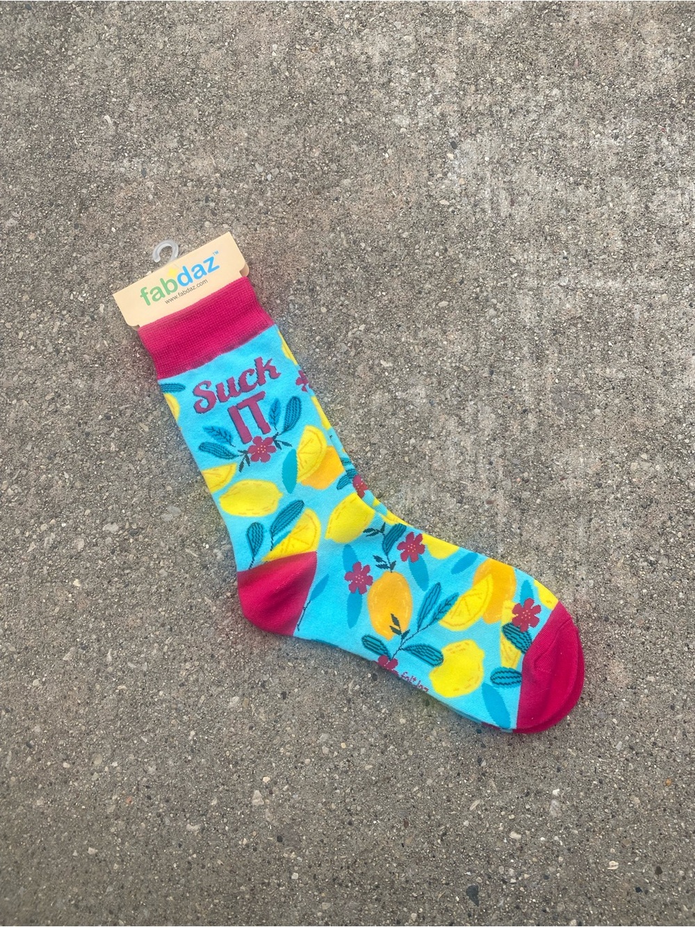 BNWT Fabdaz Women’s Blue Lemon Print Crew Socks with Pink Accents